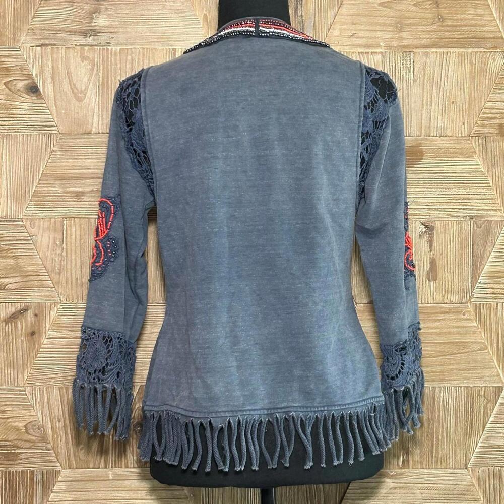 BKE Blue Jacket with Embroidery & Fringe Western Boho Festival Coat Women's M - Picture 6 of 8